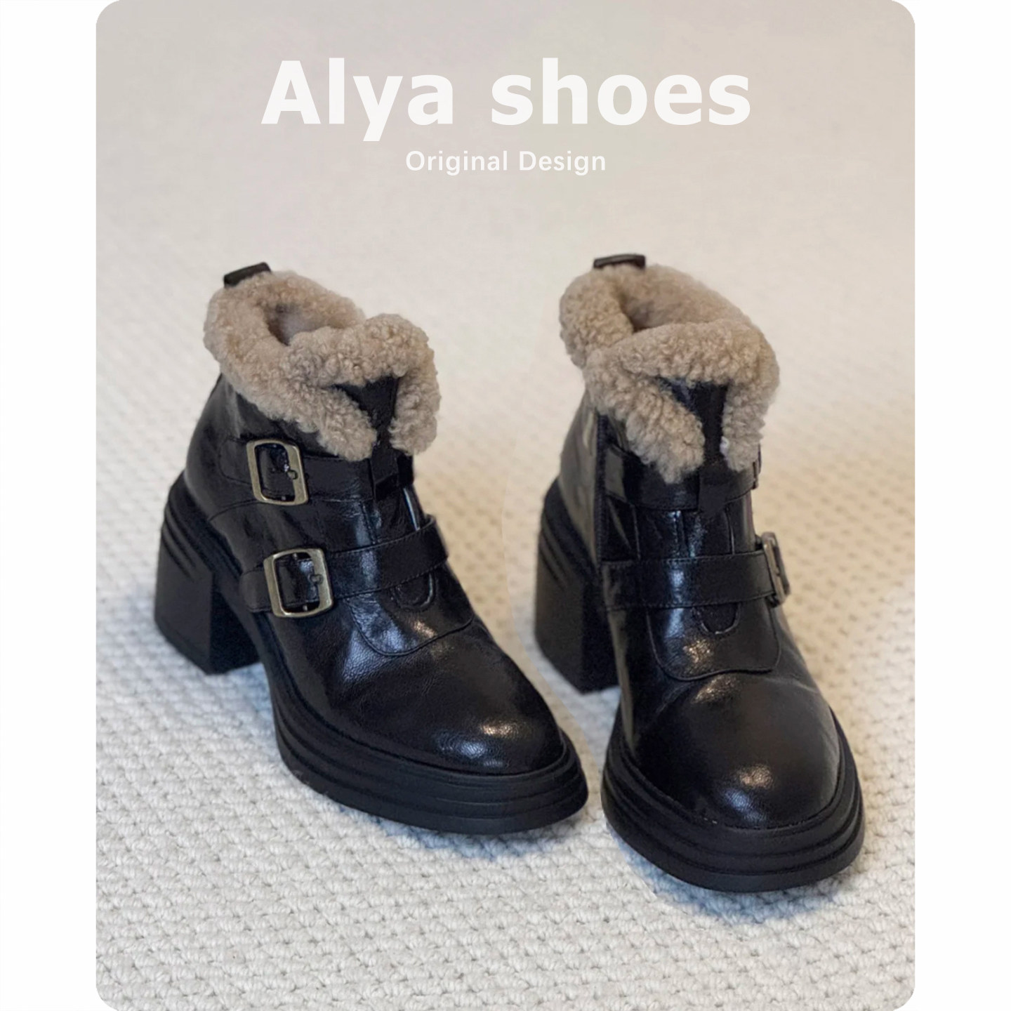 牛皮版~厚底加绒加厚短靴女2025冬季新款保暖雪地靴粗高跟马丁靴主图