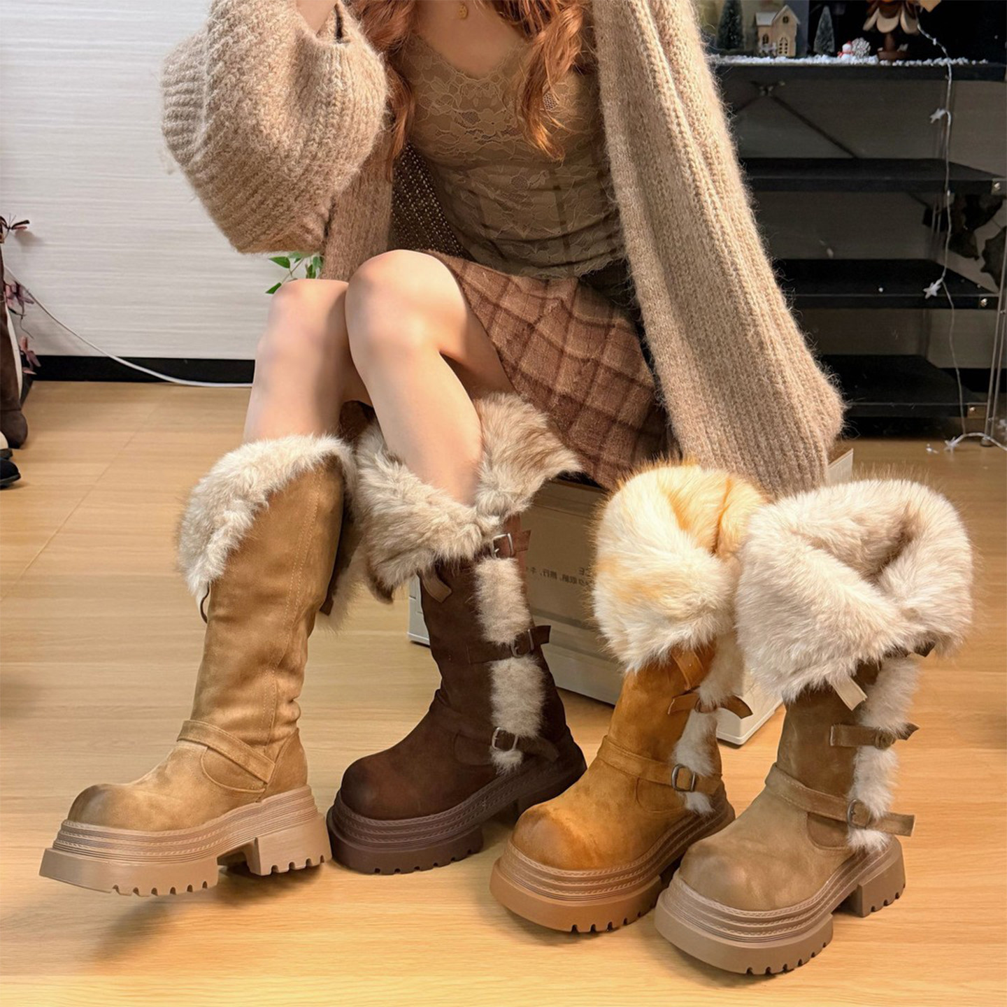 牛皮版~厚底增高皮带扣高筒毛毛靴加绒加厚雪地靴女两穿复古棉靴主图