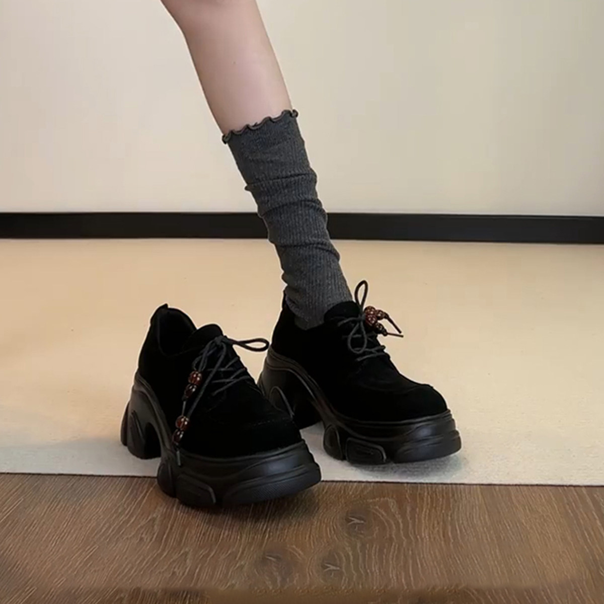 羊皮版~小个子厚底松糕底深口小皮鞋女圆头复古休闲百搭通勤单鞋主图