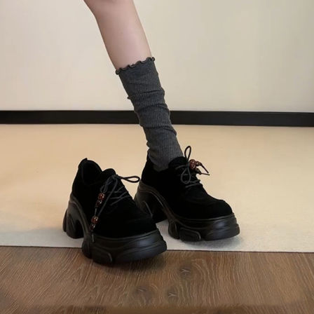 羊皮版~小个子厚底松糕底深口小皮鞋女圆头复古休闲百搭通勤单鞋