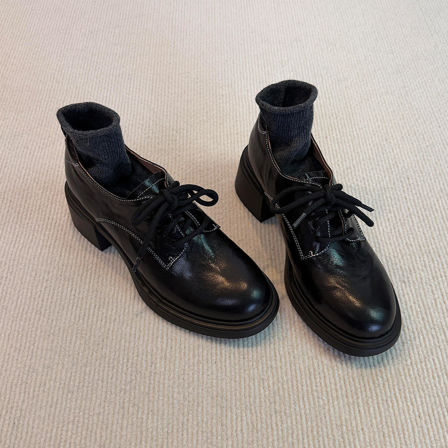 羊皮版~英伦风真皮百搭粗跟乐福鞋女系带深口圆头学院通勤小皮鞋