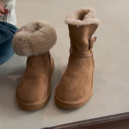 平底皮毛一体厚底中筒雪地靴女2025新款冬季加绒加厚东北大棉鞋子