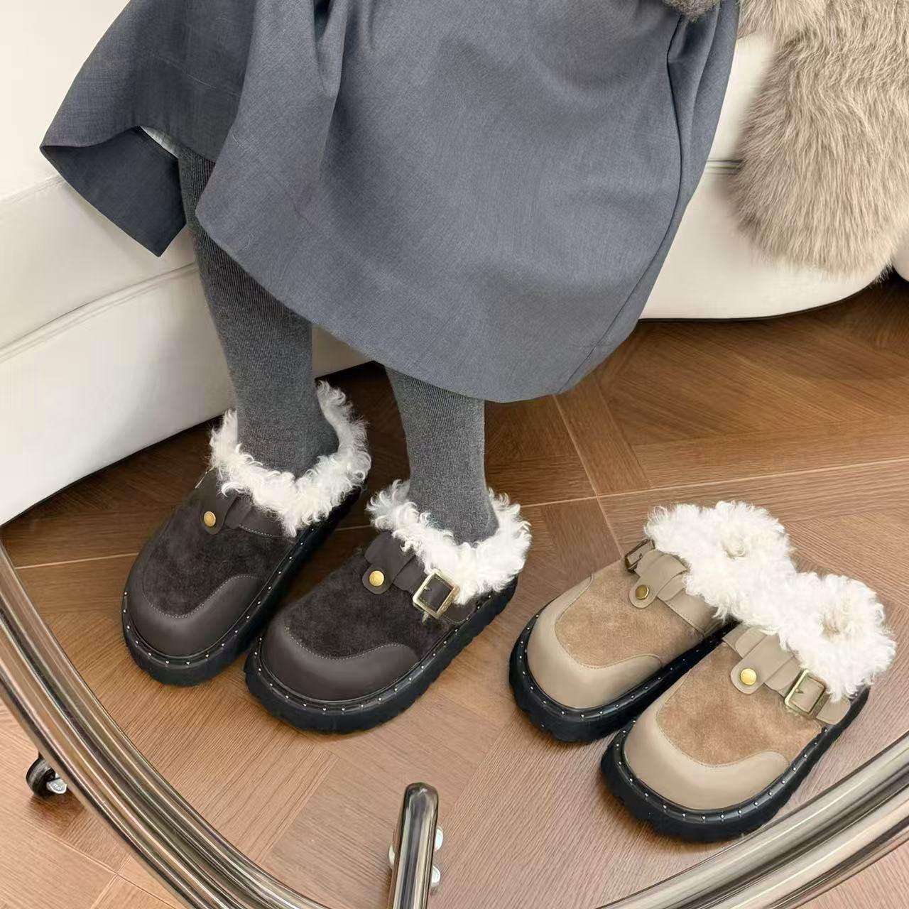 H55女鞋观星托卡2025冬季新款厚底保暖包头拖毛毛一脚蹬博肯半拖主图