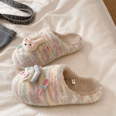 可爱卡通兔子毛毛拖鞋女冬季居家室内防滑加绒保暖学生宿舍棉拖鞋