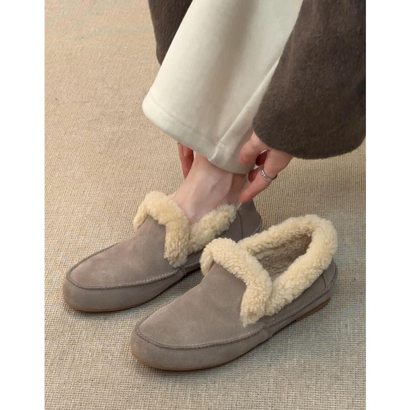 牛皮款~真皮一脚蹬勃肯乐福鞋女毛毛鞋保暖单鞋豆豆鞋加绒雪地靴主图