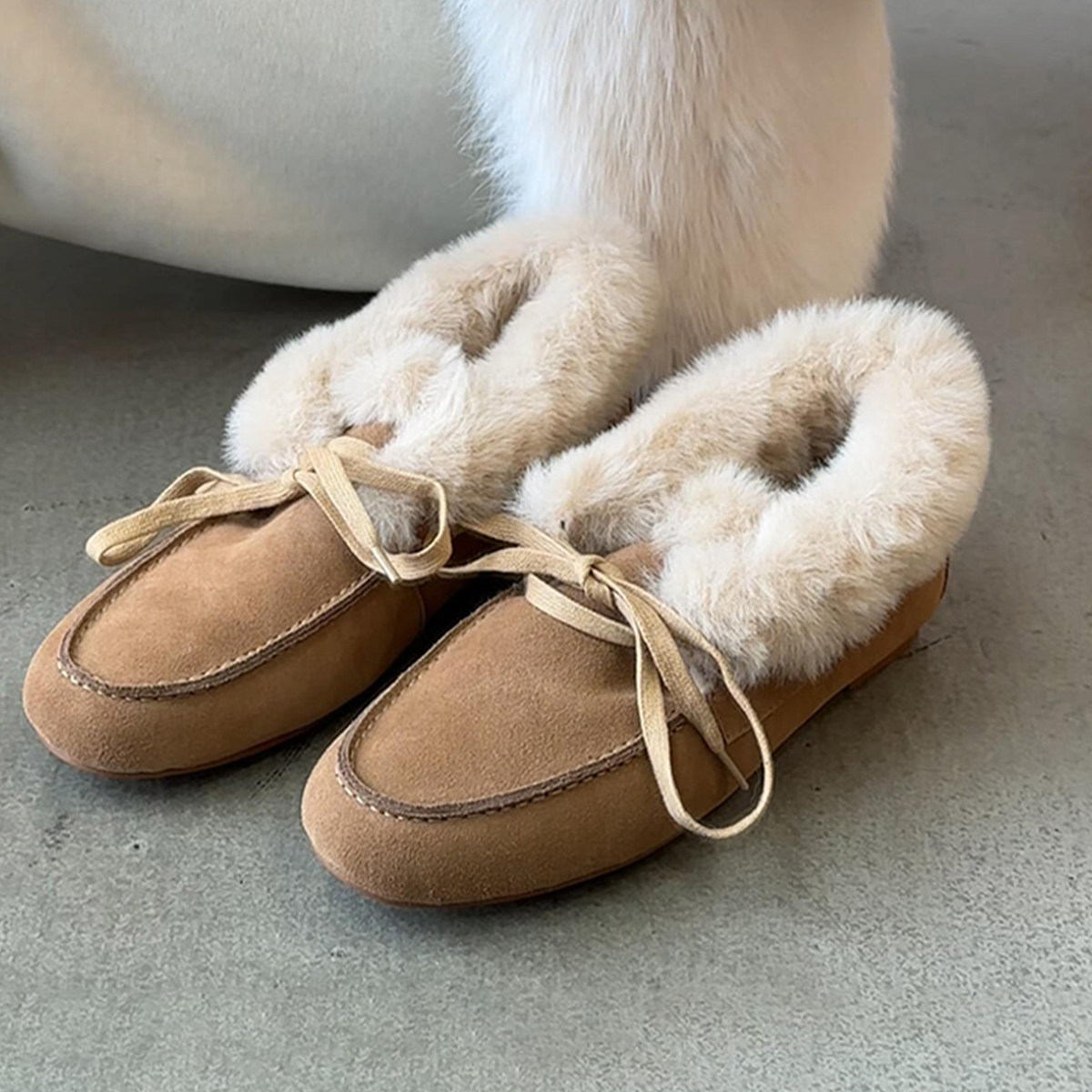 牛皮版~休闲时尚软底一脚蹬平底毛毛鞋女冬季加绒保暖舒适乐福鞋主图