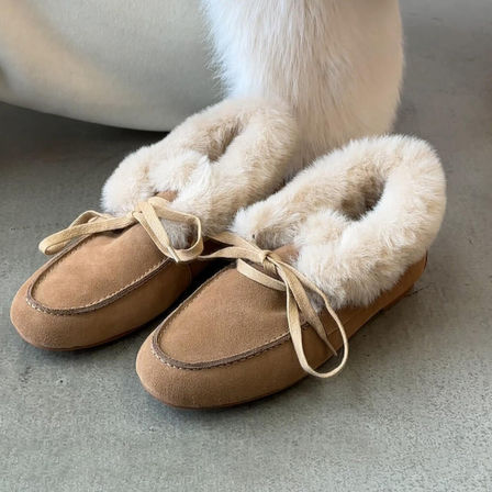 牛皮版~休闲时尚软底一脚蹬平底毛毛鞋女冬季加绒保暖舒适乐福鞋