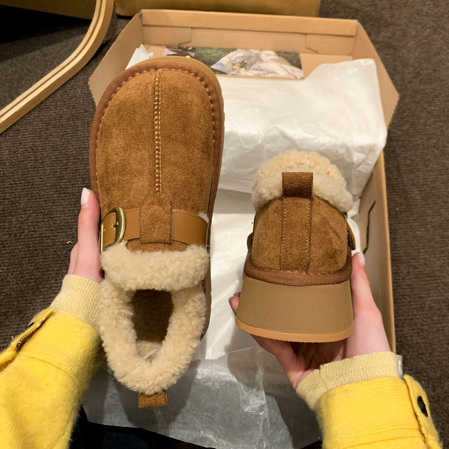厚底加绒毛毛勃肯鞋女冬季2025新款爆款一脚蹬乐福棉鞋保暖雪地靴主图