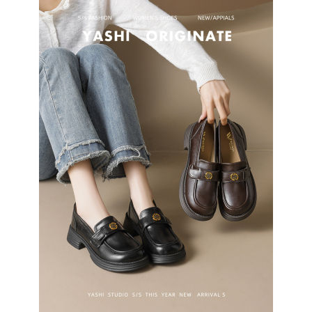 英伦风复古乐福鞋女2025年新款山茶花气质单鞋女厚底一脚蹬小皮鞋