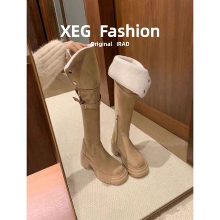 7cm厚底~羊羔毛毛粗跟高筒靴过膝长靴女2025冬季新款美拉德弹力靴