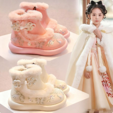 官网C&K女童雪地靴2025新款冬季儿童汉服鞋保暖大棉鞋古风绣花鞋