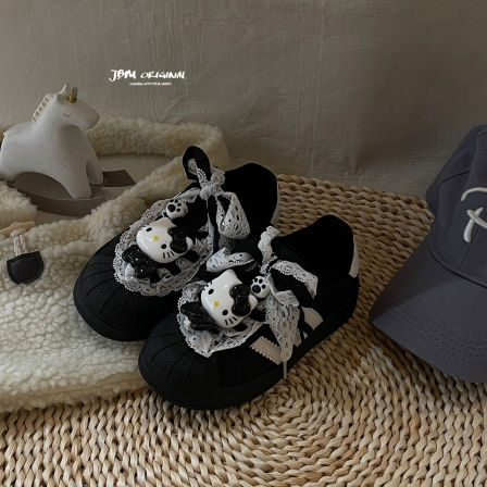 JBM韩版女童Kitty蕾丝公主运动鞋2025女孩加绒贝壳头板鞋保暖鞋子