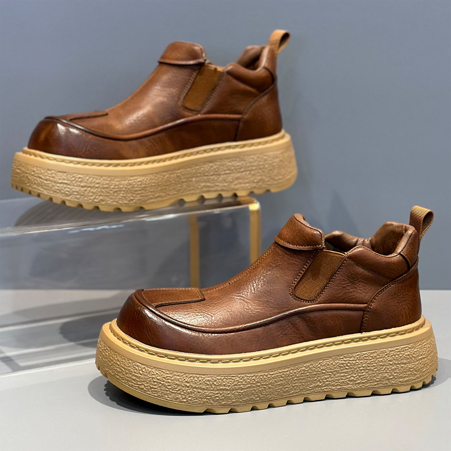 棕色德比鞋男款2025新款冬季保暖鞋真皮短靴厚底增高大头工装皮鞋主图