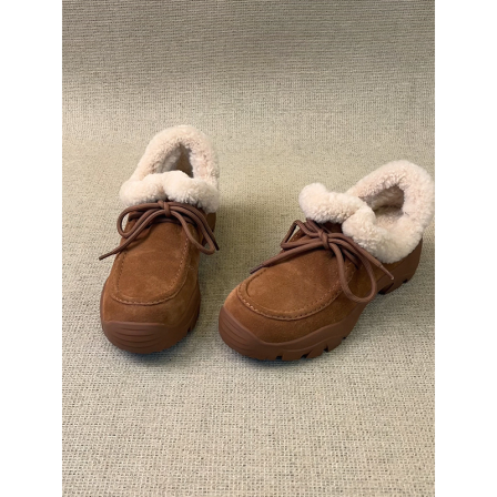 羊皮版~圆头系带加绒乐福鞋女厚底保暖羊毛羔小皮鞋防滑通勤棉鞋