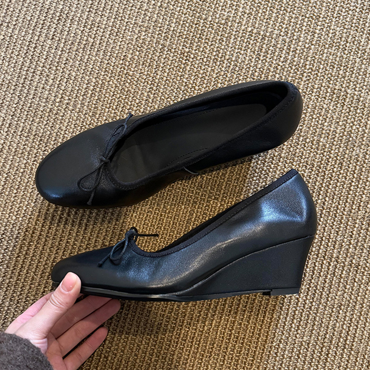 羊皮版~法式坡跟小众浅口单鞋女一脚蹬真皮圆头蝴蝶结高跟通勤鞋主图