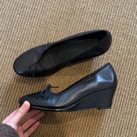 羊皮版~法式坡跟小众浅口单鞋女一脚蹬真皮圆头蝴蝶结高跟通勤鞋