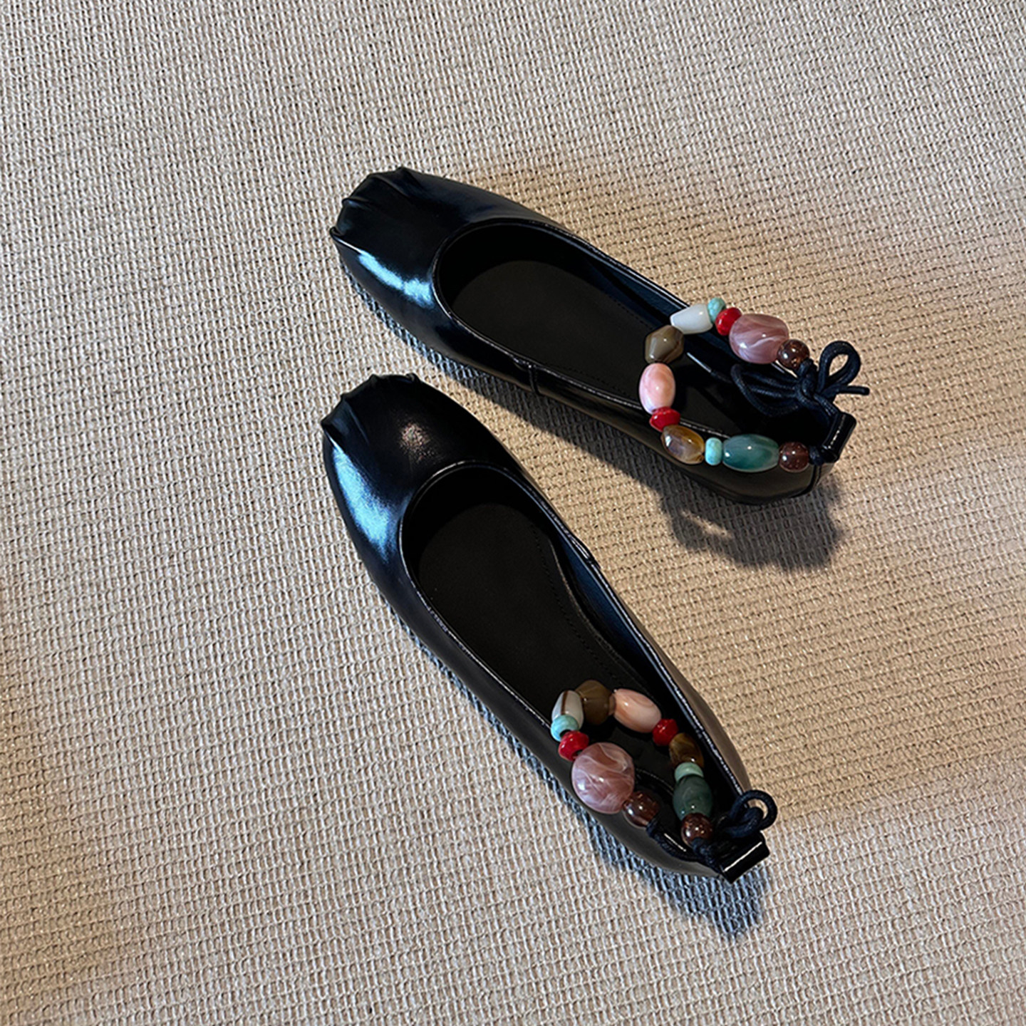 羊皮版~圆头褶皱复古串珠玛丽珍鞋女百搭浅口法式平底芭蕾舞单鞋主图