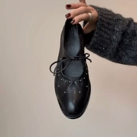 羊皮版~新款朋克风设计圆头蝴蝶结玛丽珍鞋女真皮圆头铆钉小皮鞋