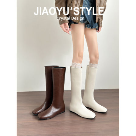 真皮~骄屿内增高长筒靴2025新款秋冬显瘦美拉德白色高筒骑士长靴