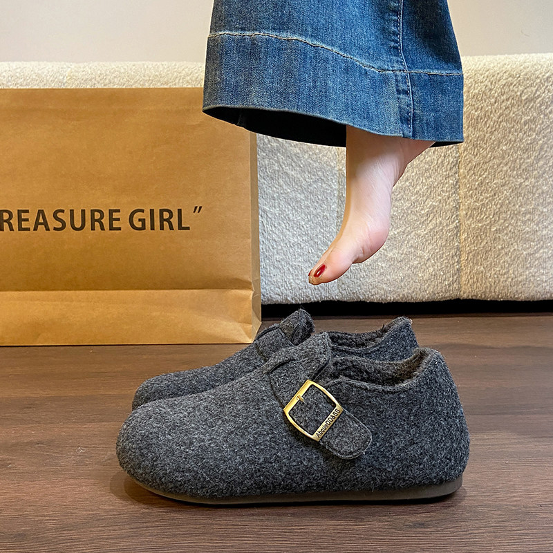 厚底灰色加绒豆豆勃肯鞋女鞋2025新款冬季毛毛鞋子女保暖乐福棉鞋主图