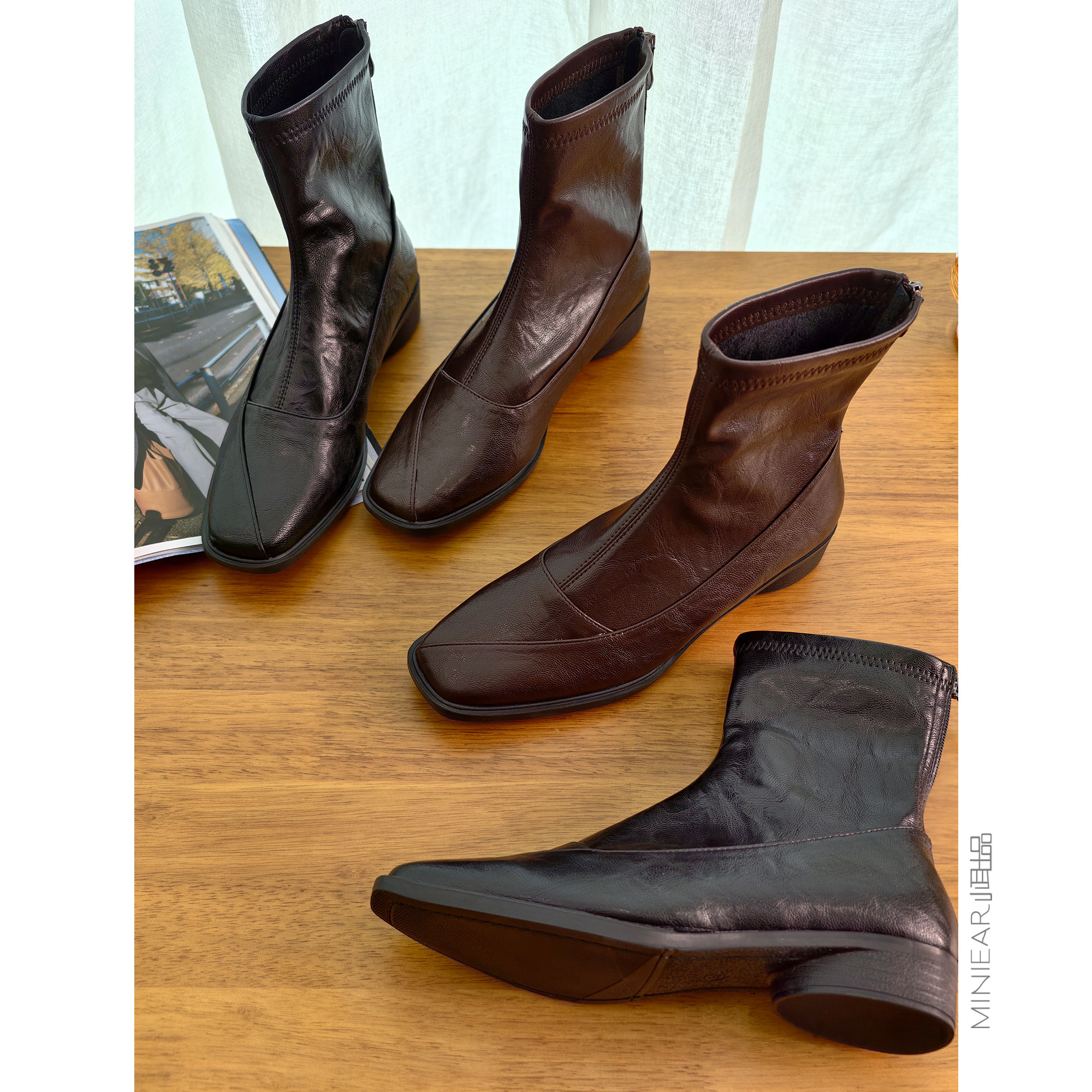 小耳出品 牛皮短筒皮靴女冬季加绒保暖中帮后拉链方头拼接女鞋主图