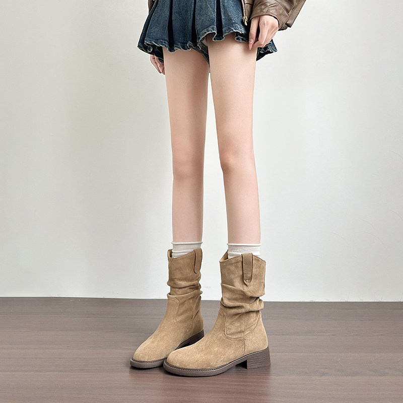 真皮~骄屿美拉德短靴女2025新款复古马丁靴粗跟堆堆靴西部牛仔靴主图