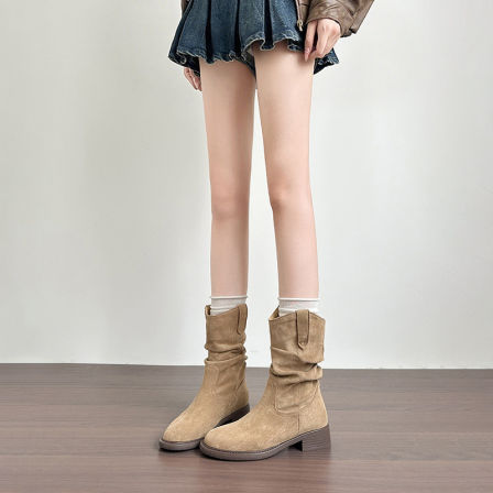 真皮~骄屿美拉德短靴女2025新款复古马丁靴粗跟堆堆靴西部牛仔靴