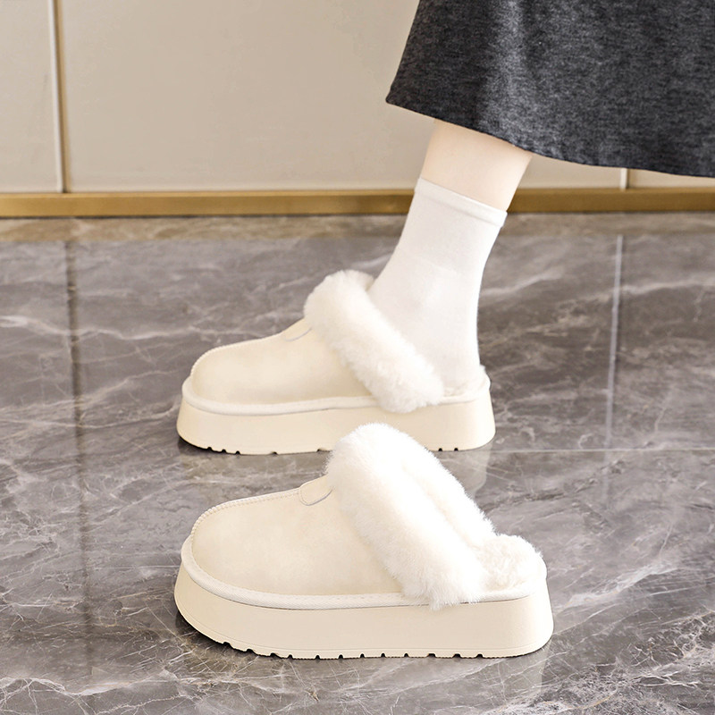 米白色毛毛拖鞋女2025冬季时尚皮面外穿包头棉拖增高保暖半拖棉鞋主图