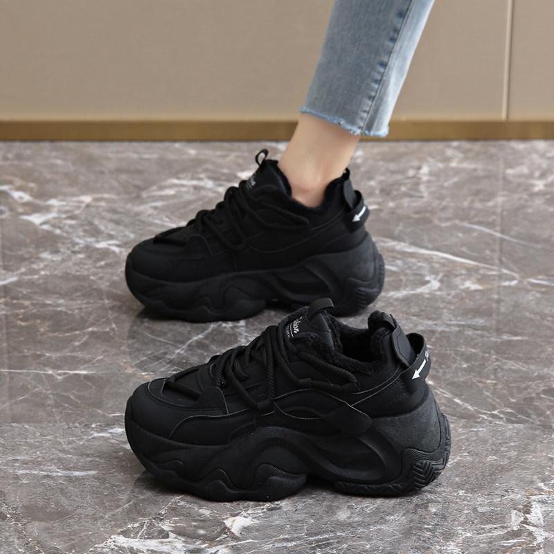 加绒老爹鞋女2025新款冬季皮面运动棉鞋黑色厚底工作鞋子防滑保暖主图