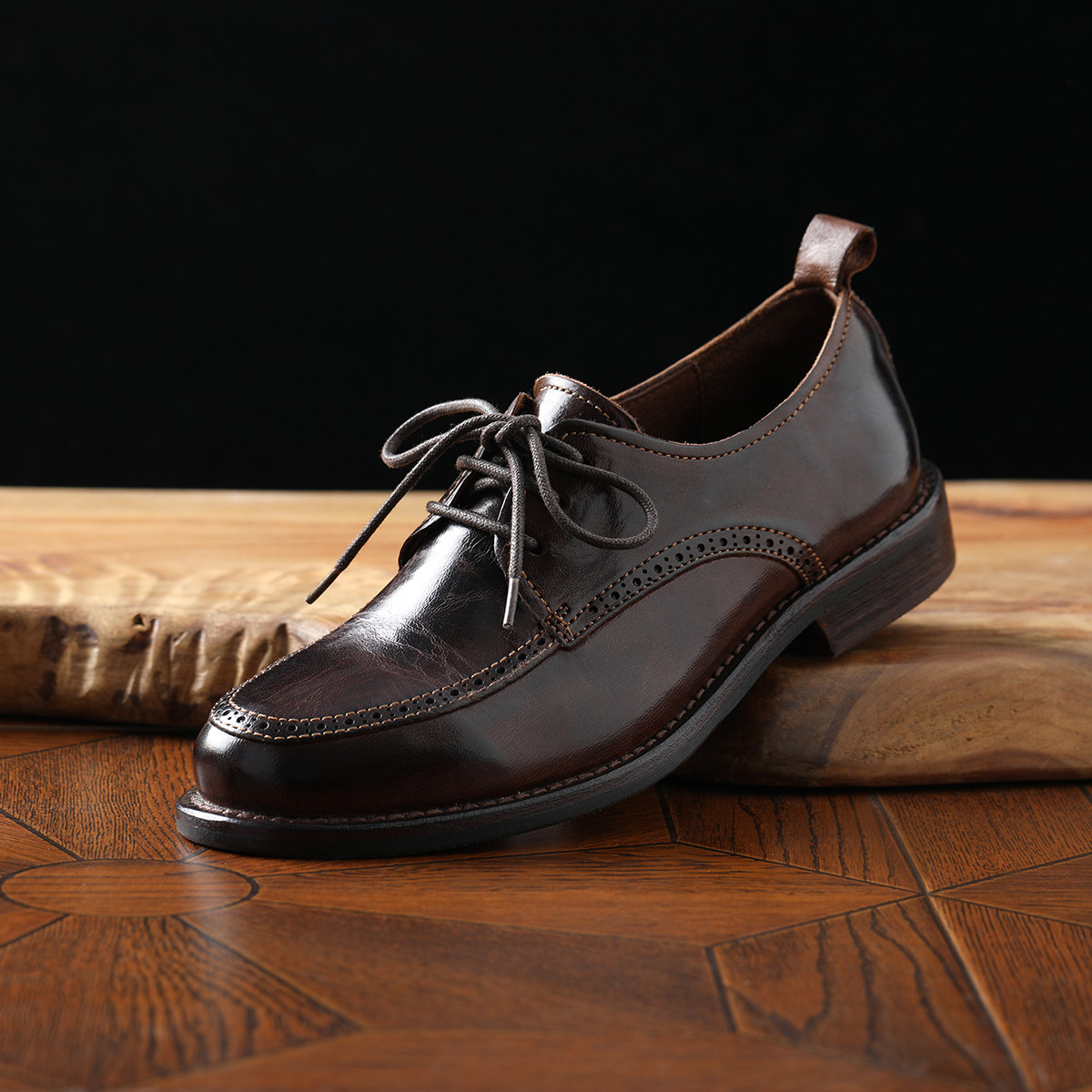 ED08049 茉莉雅集 复古水洗马皮系带深口单鞋布洛克小皮鞋乐福鞋主图