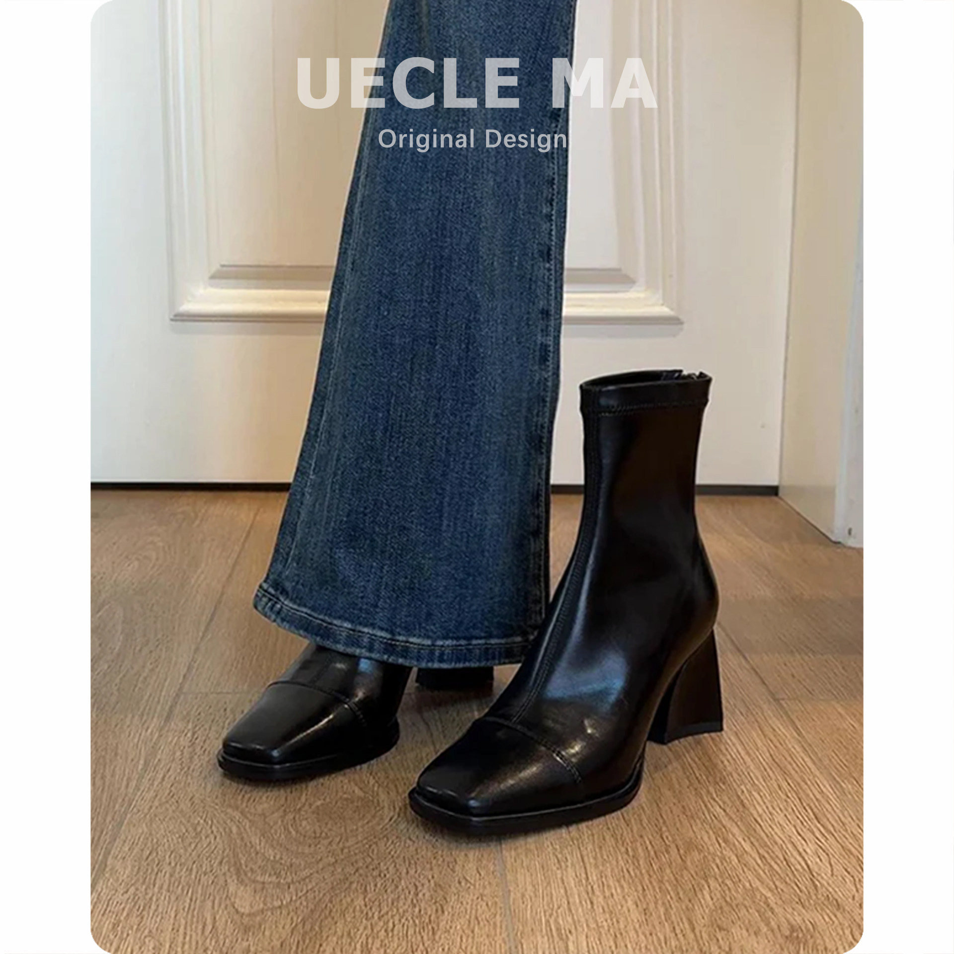 超软小羊皮~巨好看靴子~法式瘦瘦靴高跟鞋粗跟马丁靴子气质短靴女主图