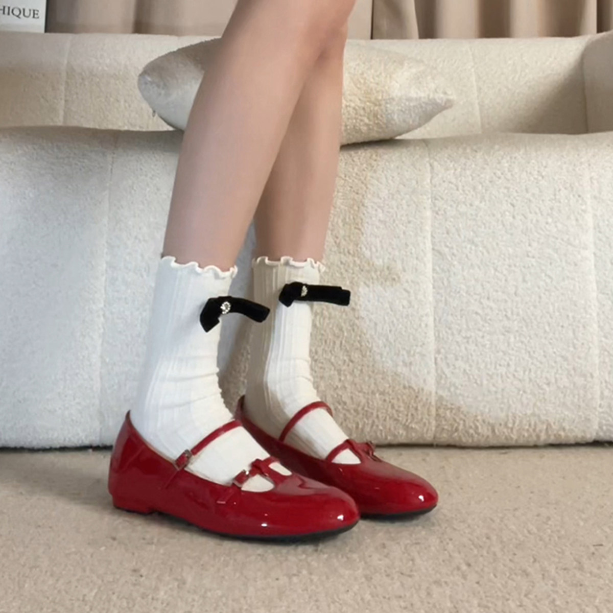 羊皮版~法式红色圆头玛丽珍鞋女一字带浅口内增高气质配裙子单鞋主图