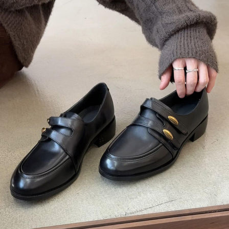 羊皮版~轻便软底复古百搭小皮鞋女金属扣魔术贴一脚蹬深口乐福鞋