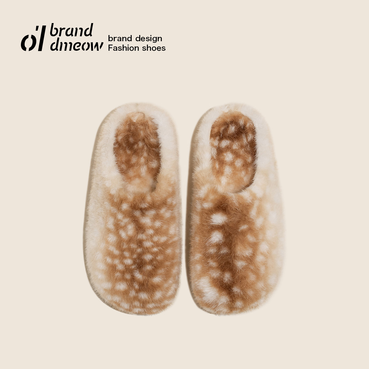 老喵 仿雪豹纹~包头勃肯半拖女秋冬季外穿加绒平厚底毛毛棉穆勒鞋主图