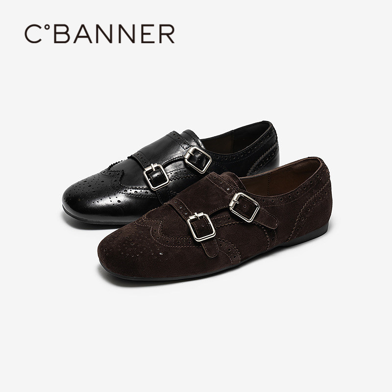 千百度扣饰内增高乐福鞋女2026春季新款薄底豆豆鞋黑色小皮鞋单鞋主图