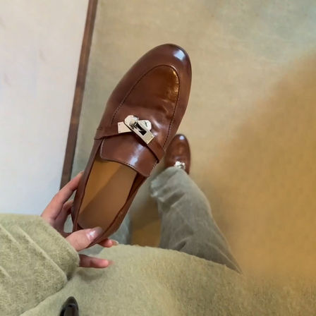 羊皮版~真皮百搭一脚蹬复古乐福鞋女金属扣时尚百搭文艺风小皮鞋