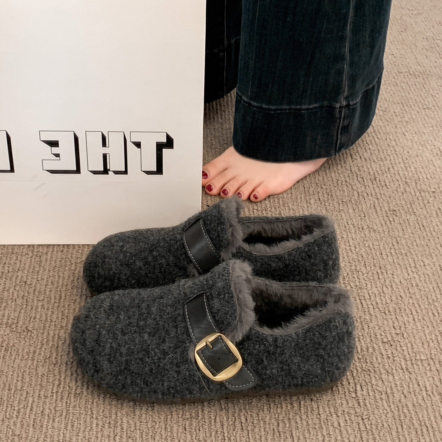灰色两穿毛呢勃肯鞋女2025冬季新款百搭加绒保暖一脚蹬厚底棉鞋子主图