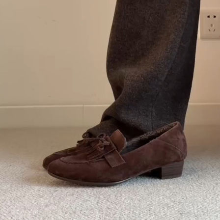 羊皮版~复古流苏绒面一脚蹬乐福鞋女百搭粗跟圆头显瘦加绒小皮鞋