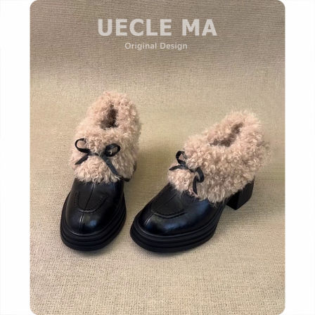 真皮厚底小皮鞋女冬季加绒大棉鞋粗跟乐福雪地鞋保暖一脚蹬毛毛鞋