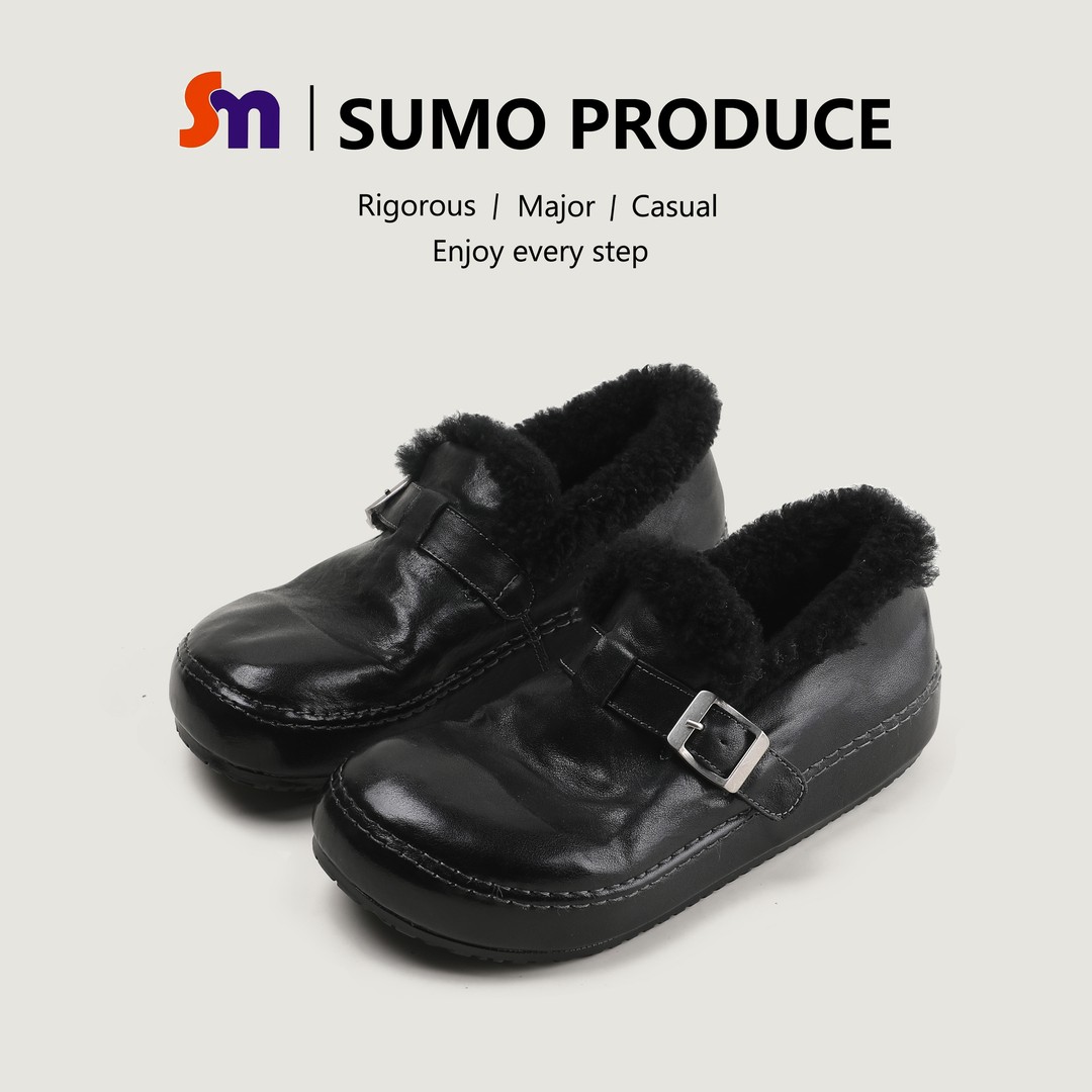 素陌冬季新款马皮勃肯鞋女羊皮毛一体加绒保暖毛毛鞋懒人棉鞋1366主图
