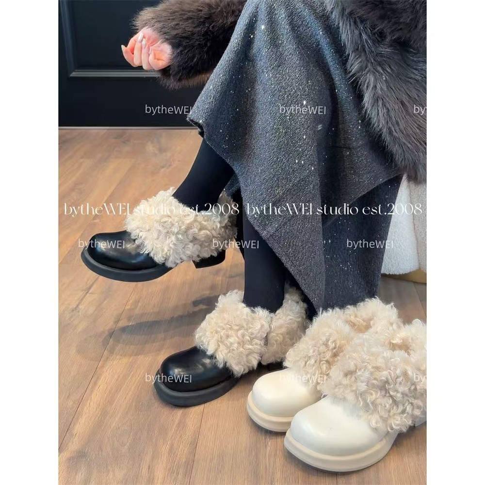 bytheWEI【中古千金】复古卷卷毛小皮鞋粗跟vintage加绒乐福鞋女主图