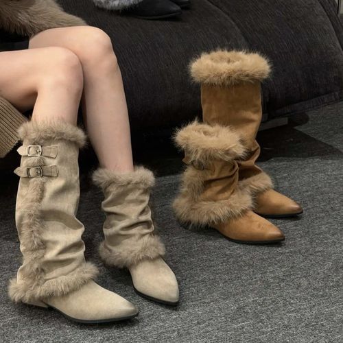 2025秋冬新款尖头时尚百搭时装女靴加绒加厚保暖尖头长筒靴主图