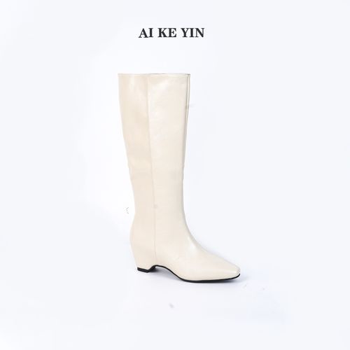 【艾珂茵】秋冬新款方头无拉链气质百搭薄绒时装中筒靴内增高时尚主图