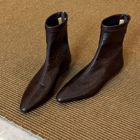 羊皮版~法式复古低跟短靴女气质尖头弹力瘦瘦靴坡跟平底百搭短靴