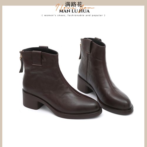 头层牛皮短靴女尖头中跟粗跟舒适冬季保暖加绒软底百搭真皮一体跟主图