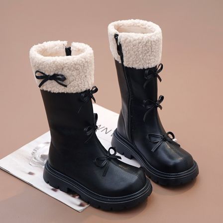 女童高筒靴加绒冬季保暖蝴蝶结小女孩毛毛靴高级感长靴2025新款