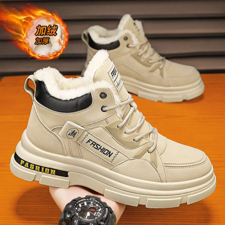 李宇新款高帮男鞋冬季加绒保暖棉鞋皮毛一体雪地靴防水防滑马丁靴