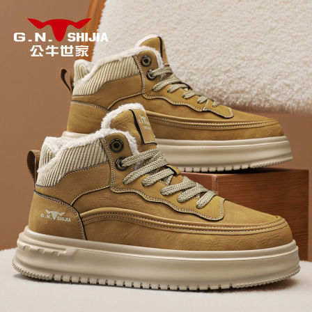 公牛世家棉鞋男款冬季加绒保暖皮毛一体雪地男鞋运动高筒运动板鞋