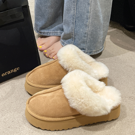 厚底增高雪地靴包头棉拖鞋女外穿2025新款冬季加绒保暖毛毛半拖鞋