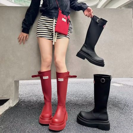 厚底防滑高筒红色雨靴子2025新款露营雨鞋不过膝旅游长筒靴骑士靴